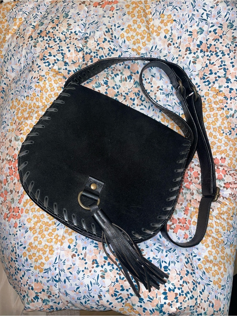 Black genuine leather Crossbody Bag with Tassel